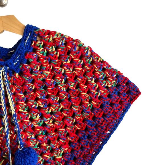 Handmade Vintage Poncho Kids Poncho Cape Drawstring Pom Pom Heavyweight Shawl - Picture 4 of 11